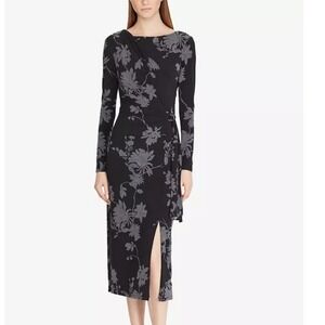 Ralph Lauren Black Floral Print Long Sleeve Jesey Stretch Midi Dress Women's 14